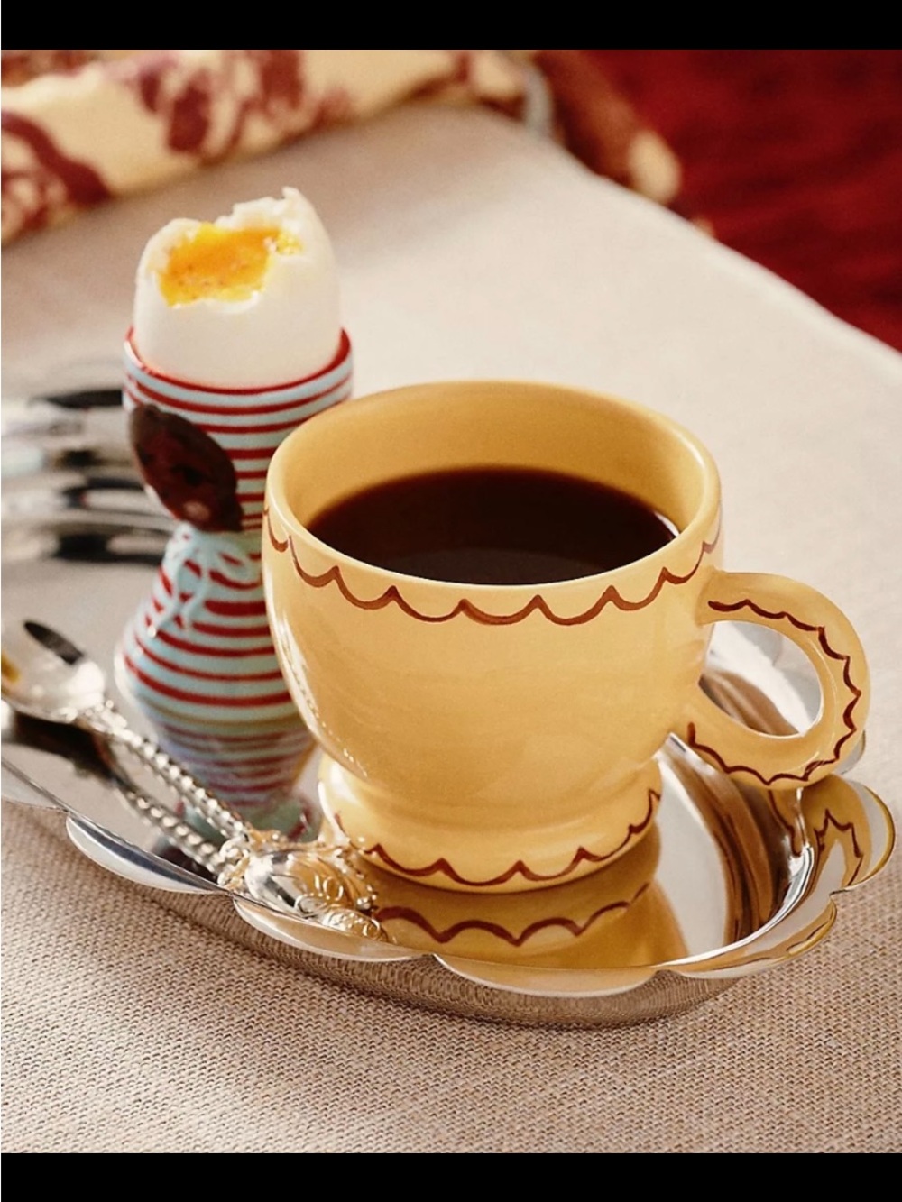 Damson Madder Yellow Decorative Ceramic Mug with Scalloped Trim.